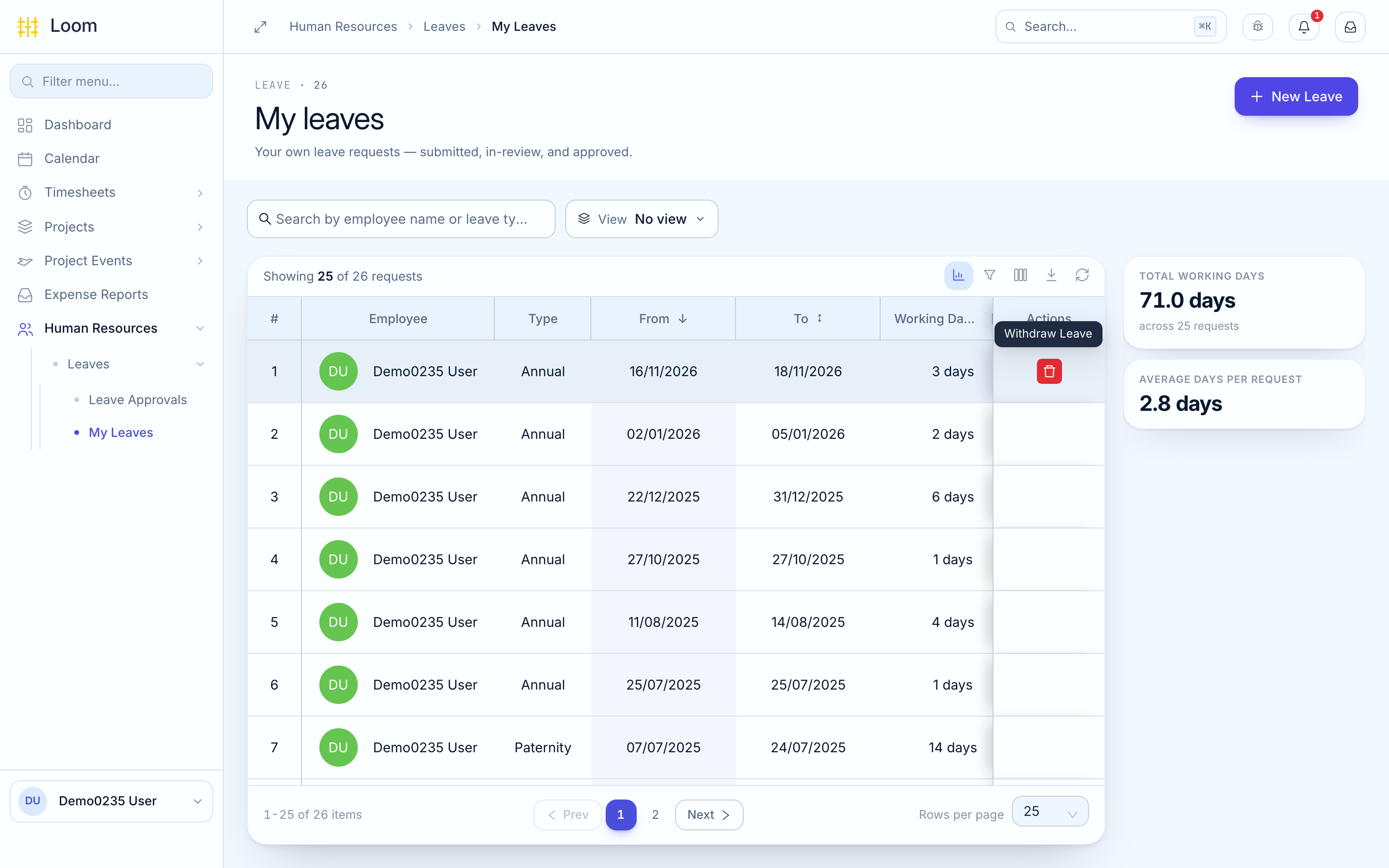 Withdrawing a leave request