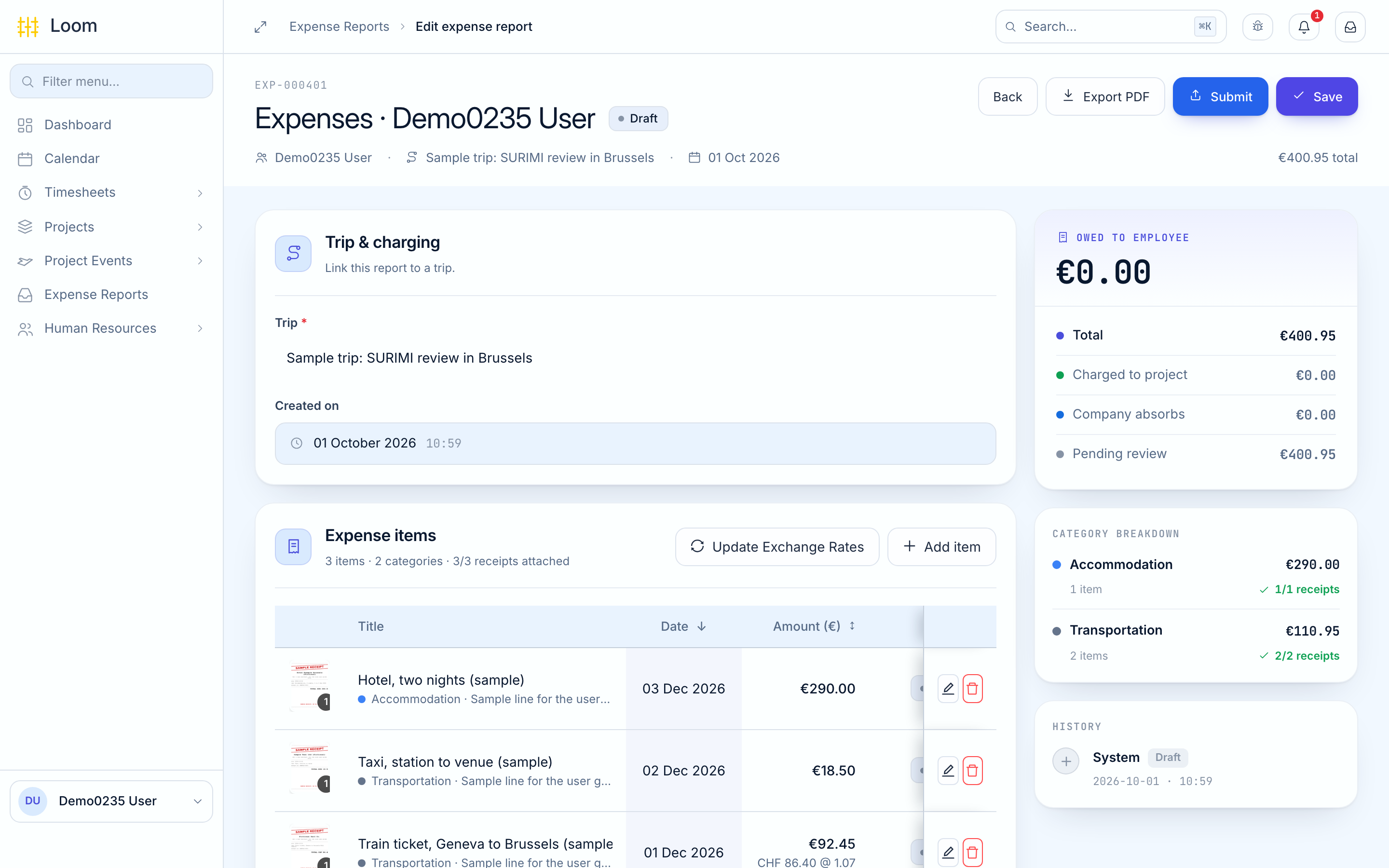 A draft expense report with three items