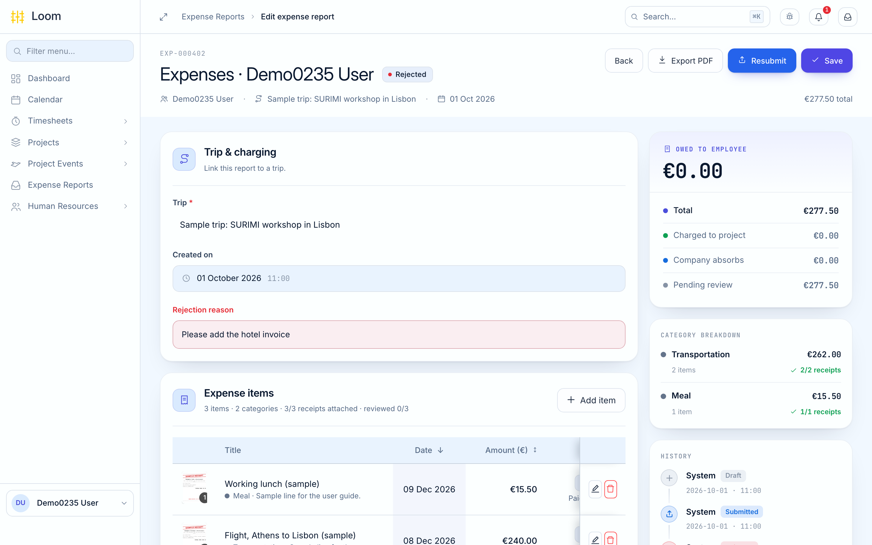 A rejected expense report with its reason